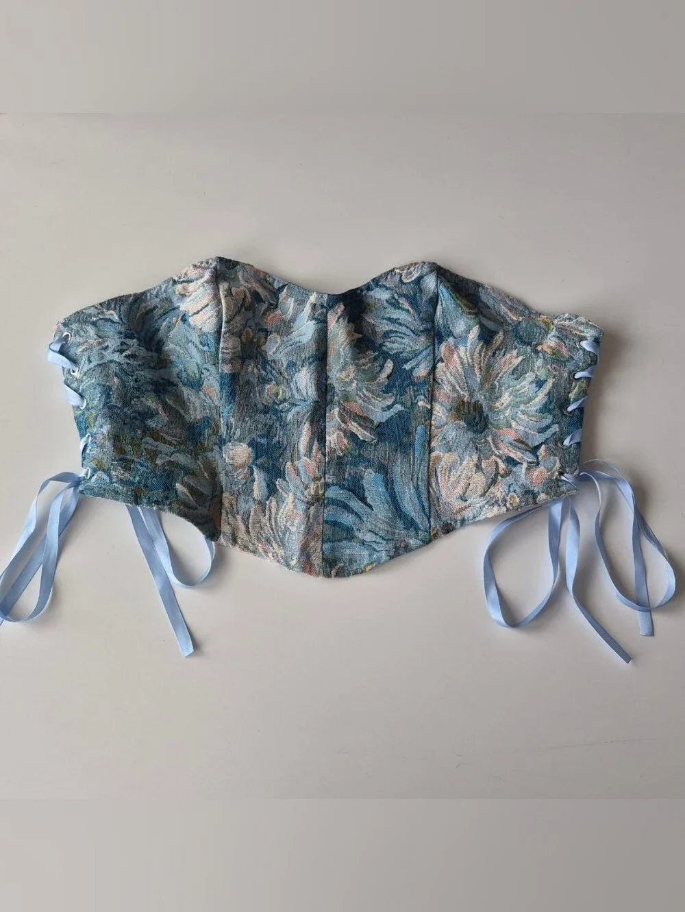 SHEIN Blue Floral Brocade Corset-Style Lace-Up Face Top